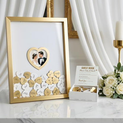 Gold Wedding Guest Book Alternative, Guest Book Wedding Reception, Wedding Guest Book with Wooden Hearts Guest Book Signs for Wedding Anniversary Birthday Party Baby Shower - color: Gold