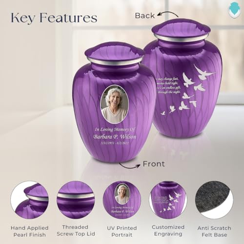 Embrace Adult Personalized Doves Cremation Urns for Human Ashes I Large Picture Pearl Purple Funeral Urn for Adult Men and Women with Double Side Engraving I 200 lbs - color: _Pearl Purple (Double Sided)