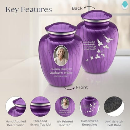 Embrace Adult Personalized Doves Cremation Urns for Human Ashes I Large Picture Pearl Purple Funeral Urn for Adult Men and Women with Double Side Engraving I 200 lbs - color: _Pearl Purple (Double Sided)