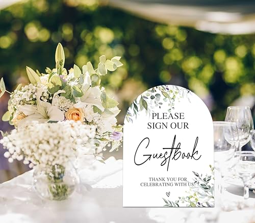 Greenery Please Sign Our Guestbook Sign, Wedding Ceremony Signs, 6 x 8 Inch Arch Wooden Tabletop Sign with Stand, Wedding Reception Decoration Supplies (PZ02) - color: Please Sign Our Guestbook