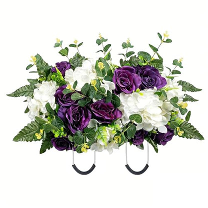 Purple Headstone Flower Saddle,Cemetery Artificial Flowers for Grave Decor