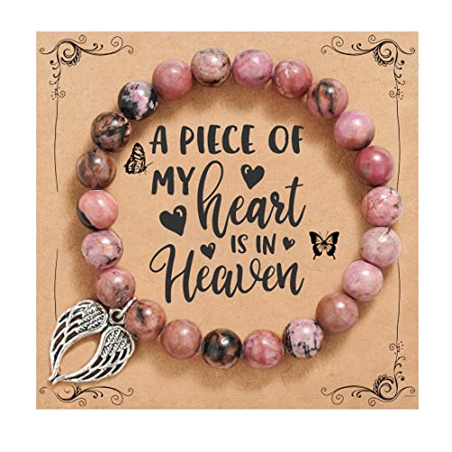 QWNHONEY Memorial Gifts for Loss of Loved Sympathy Remembrance In Memory of Mother Father Pet Bereavement Grief Pink Red Beads Bracelet with Angle Wings Jewelry Gifts for Women - style: Redbean-Wings-A piece of my heart is in Heaven