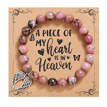 QWNHONEY Memorial Gifts for Loss of Loved Sympathy Remembrance In Memory of Mother Father Pet Bereavement Grief Pink Red Beads Bracelet with Angle Wings Jewelry Gifts for Women - style: Redbean-Wings-A piece of my heart is in Heaven