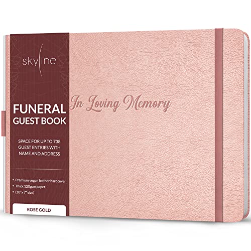 Skyline Funeral Guest Book, Sign In Name & Address, Hardcover Rose Gold | 10”x7”, Elegant sign-in guestbook for memorial service & celebration of life with large signature space, Memory book - color: Rose Gold, size: Smaller than A4 (10" x 7")