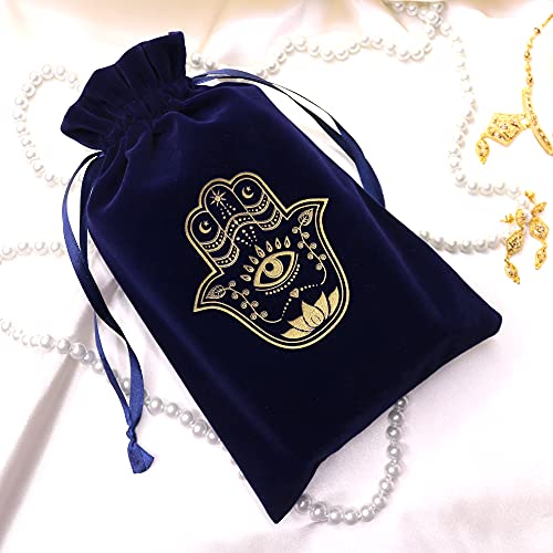 ARTSY CRAFTS 6x9" Hamsa Hand Velvet Jewelry Pouch Gift Bags, Fatima Hand Evil Eye Velvet Drawstring Oracle Tarot Card Rune bags Dice Bag (Royal Blue) - color: Royal Blue
