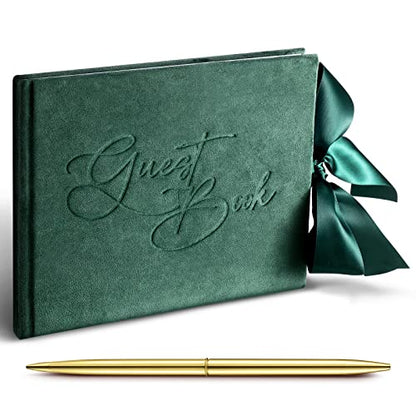 Panelee Wedding Guest Book with Pen, Green Velvet Guest Book 144 Page - color: Green