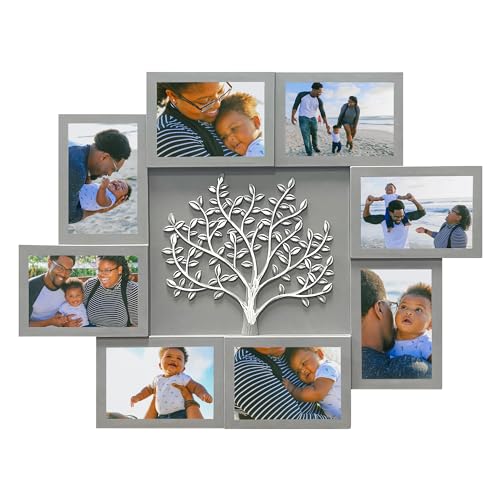 J.M.Deco 8 Opening Collage Picture Frames for Wall Decor, 4x6 Photo Frame with Tree Decor, Family Tree Collage Picture Frame for Wall, Grey & Silver - color: Tree/ Grey & Silver