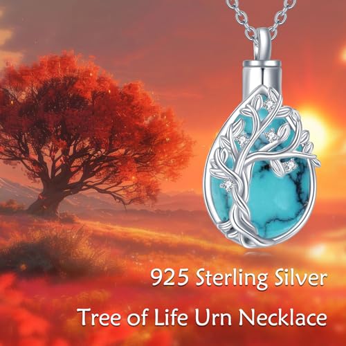 Diamond Tree of Life Urn Necklace for Ashes 925 Sterling Silver Family Tree of Life Cremation with Funnel Filler Ash Holder Keepsake Memorial Jewelry Gifts for Women,18+2 inch - style: Style 1-Turquoise