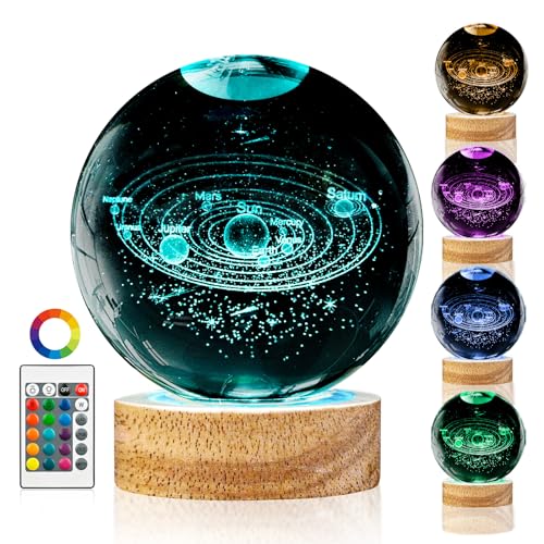 3D Solar System Crystal Ball Night Light with 16 Color Wooden LED Base Upgraded 3.15 In Galaxy Planets Ball Lamp with Remote for Birthday Christmas, Astronomy Space Gifts for Boys Girls Kids - color: Solar System