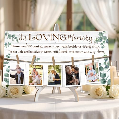 In Loving Memory Wedding Sign Wooden, Memory Table Sign with Clips and String, Rustic Memorial Decor for Reception Ceremony, Memorial Sign for Photos, Wedding Reception Decorations - color: white-Eucalyptus
