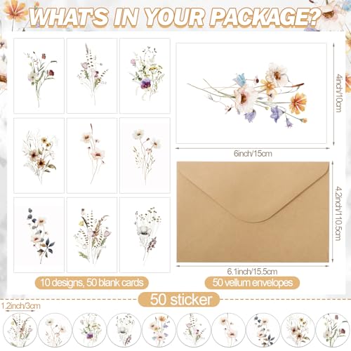 Motiskyy 100 Pcs Floral Blank Note Cards and Envelopes 4x6 Elegant Blank Greeting Cards with Matching Peel-and-Seal Stickers Plain Notecards Stationery for Back to School Office Home, 10 Designs - style: Floral Style