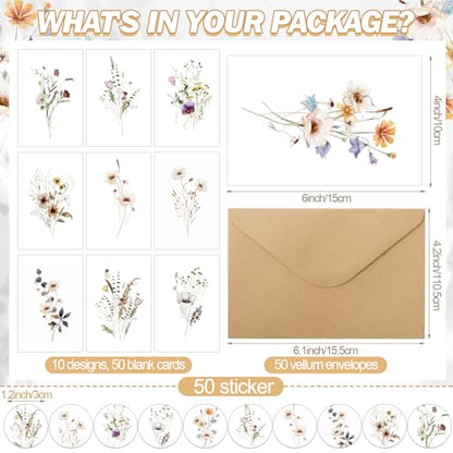 Motiskyy 100 Pcs Floral Blank Note Cards and Envelopes 4x6 Elegant Blank Greeting Cards with Matching Peel-and-Seal Stickers Plain Notecards Stationery for Back to School Office Home, 10 Designs - style: Floral Style