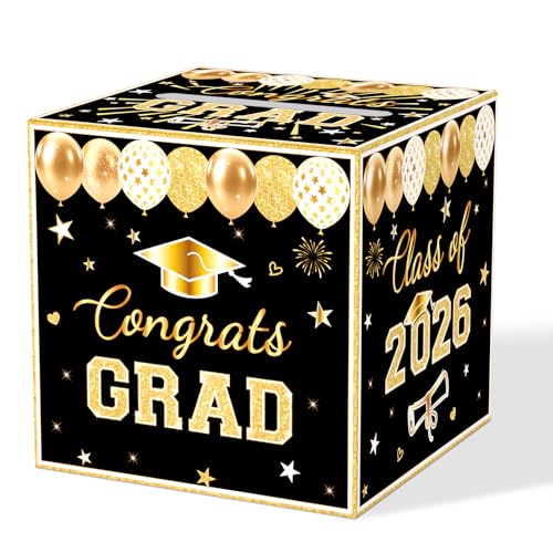 Black Graduation Congrats Card Box, Class of 2026 Black Gold Graduation Party Decorations Money Card Boxes Holder, Graduation Gift Card Box for Grad Parties Supplies 8.7 x 8.7 x 8.7 Inch - color: Black Gold