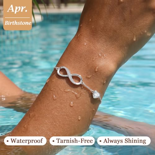 CDE 925 Sterling Silver Infinity Birthstone Bracelet Jewelry Gift for Women | Hypoallergenic,Non Tarnish,Heart CZ,Nickel-Free & Lead-Free,Anniversary Christmas Birthday Idea Gifts for Wife Girlfriend Her - color: 04-Apr