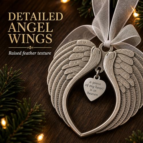 Christmas Ornaments Angel Wings - A Piece of My Heart is in Heaven | Christmas Ornaments, A Piece of My Heart is in Heaven, Christmas Tree, Loss of Loved One, Luxurious Silk Ribbon, Red Gift Bag - color: A Piece of My Heart