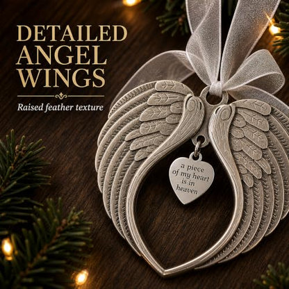 Christmas Ornaments Angel Wings - A Piece of My Heart is in Heaven | Christmas Ornaments, A Piece of My Heart is in Heaven, Christmas Tree, Loss of Loved One, Luxurious Silk Ribbon, Red Gift Bag - color: A Piece of My Heart