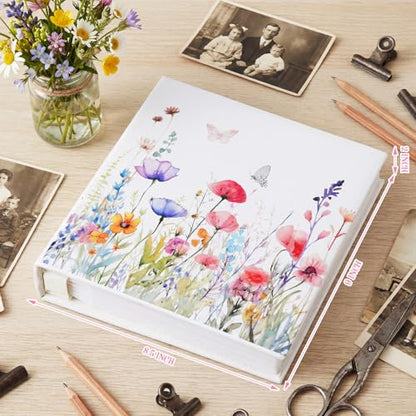 Dunzoom Wildflower Photo Album Mother's Day Souvenirs Gifts 200 Pcs 4 x 6 Inch Leather Floral Botanical Design Memory Book for Women Couples Wedding Anniversary Hardcover Scrapbook Album - style: Wildflowers