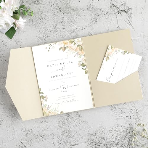 20 PCS Champagne Tri-fold Laser Cut Wedding Invitation Pockets for 5x7 Wedding Cards Bridal Shower Engagement Quinceanera Invitation - color: Champagne