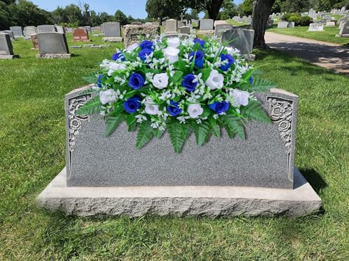 LVXINLI Artificial Cemetery Flowers Saddle-Shaped Tombstone Decorations Non-Fading UV-Resistant（Blue+White Saddle ） - color: Blue+white Saddle