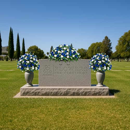 Sympathy Silks Artificial Cemetery Flowers - Gravesite Memorial Arrangment - Blue & White Garden Mums - (1) Saddle (2) Bouquets - color: Blue & White, size: (1) Saddle (2) Bouquets