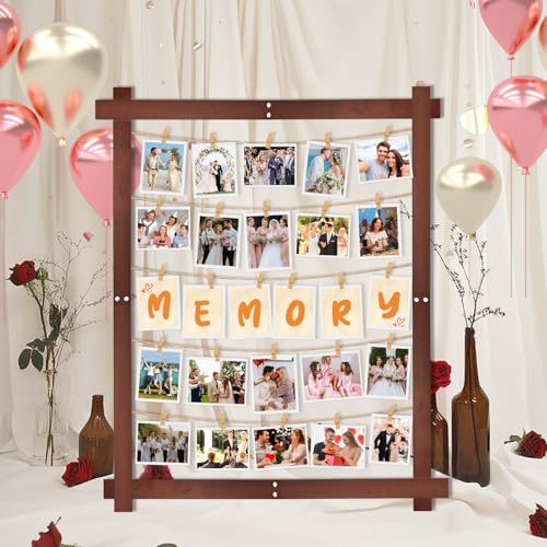 1 Pack 32x24Inch Photo Display Board for Wedding 2026 Graduation Decor Collage Wooden Picture Frames with Clips Rustic Wall Frames for Graduation Party Hanging Photos Postcards Greeting Cards