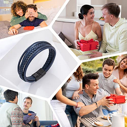 Mens Leather Bracelet with Clasp Cowhide Multi-Layer Braided Leather Mens Bracelet - style: Dark Blue&Black Clasp 8.5