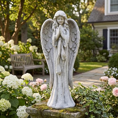 Praying Angel Statue 31.1 Inch, Religious Outdoor Sculpture | Magnesium Oxide Stone Outdoor Decor for Garden Yard Patio Deck Home Hallway, Religious Blessed Catholic Gift - color: Praying Angel （31.1 Inch）