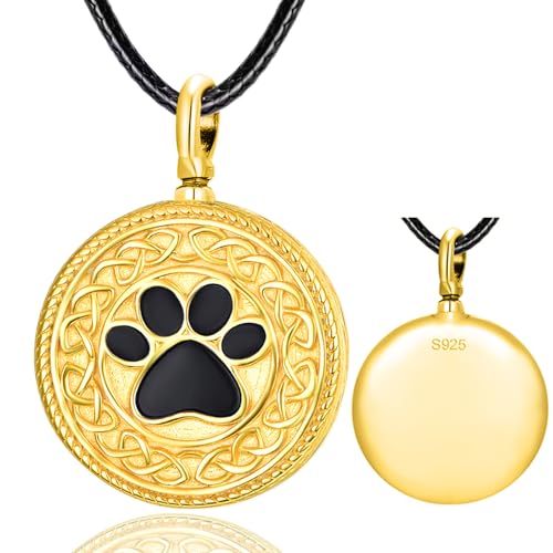Dreamboat Pet Urn Necklace for Dog Cat Ashes 925 Sterling Silver Paw Print Cremation Keepsake Pendant Celtic Knot Memorial Jewelry Gifts for Women Men - style: 01D-Round (Gold Personalized)