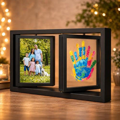 Family Handprint Frame Kit, Dual Rotating Photo & Handprint Display, DIY Keepsake Craft with Wooden Frame, Non-Toxic Paints, Baby Hand & Footprint Kit, Gift for Grandparents & New Parents (Black) - color: Black Frame, size: Dual Spin - Handprint & photo