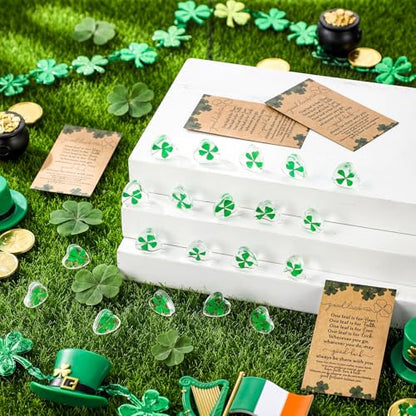 50 Sets Leaf Glass Token, Good Luck Charms Bulk with Irish Greeting Cards & Bags, Heart-shaped Leaf Keepsakes for Family Employee Friends Coworkers Holiday Gifts - style: Four-leaf Clover