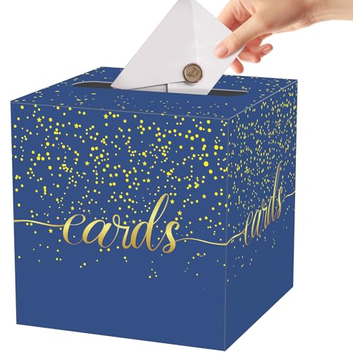 Navy Blue and Gold Card Box for Party, Graduation, Baby Shower | Box for Cards, Envelope, Raffle Ticket, Ballot, Money Receiving; 8.7 x 8.7 x 8.7 Inch Gift Card Box for Grad Party Decoration - color: Navy Blue Polka Dot