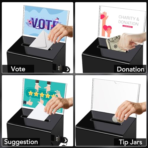 Acrylic Donation Box with Lock, Black Ballot Box with Sign Holder, 2 Pack Suggestion Boxes for Fundraising, Donation, Bar, School Voting, 6.2x4.6x3.9 Inch | Suggestion Box for Fundraising, Ballot Box with Slot for School, Donation, Bar, School Voting, 6.2