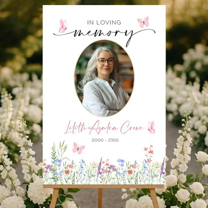 Personalized Celebration of Life Welcome Sign with Photo, Obituary Welcome Sign with Name and Date, Celebrating a Beautiful Life Butterfly Flower Tribute, Butterfly Flower Remembrance Decor, Custom Funeral Welcome Sign (Edition 2) - color: Edition 2