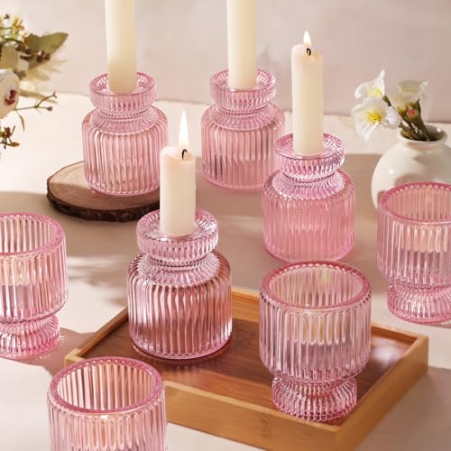 DARJEN 12 Pcs Glass Candlestick Holders- Pink Taper Candlestick Holders Tealight Votive Candle Holders for Table Centerpieces, Wedding, Dinner Party, Home Decor - color: Pink, size: 12Pcs
