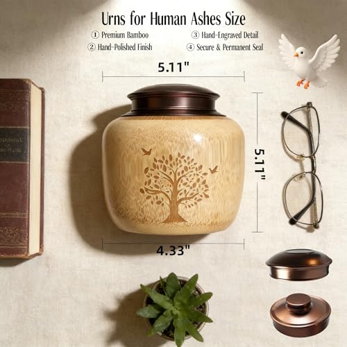 2pcs Cremation Urns for Human Ashes, Urn for Ashes Adult Male with Tree of Life, Bamboo Small Urns for Human Ashes, Memorial Funeral Urn for Men Women Dad Mom,Up to 30 cu in (Small) - size: Small