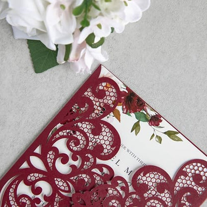 20Pcs Burgundy Laser Cut Wedding Invitation Cards With Envelopes - color: Burgundy