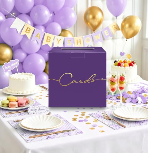 HEIPINIUYE Purple Wedding Card Box with Gold Foil 9.8" x 9.8" Purple Large Gift Card Box for Party Wedding Reception Graduation Birthday Baby Shower Cardboard Raffle Envelope Box with Slot - color: Purple Card Box with Gold Foil