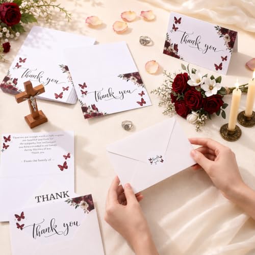 Fumete 50 Set Funeral Thank You Cards, Red Butterfly - style: Red Butterfly