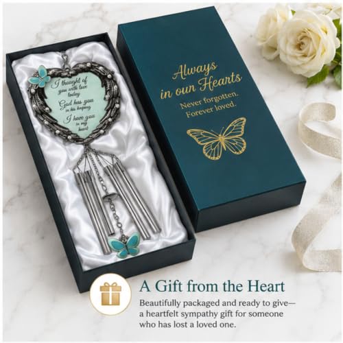 Memorial Wind Chimes Sympathy Gift for Loss of Loved One, Heart Angel Wings & Butterfly Design, “I Thought of You with Love Today” Remembrance Wind Chime, Bereavement Gift for Family or Friends, 23"