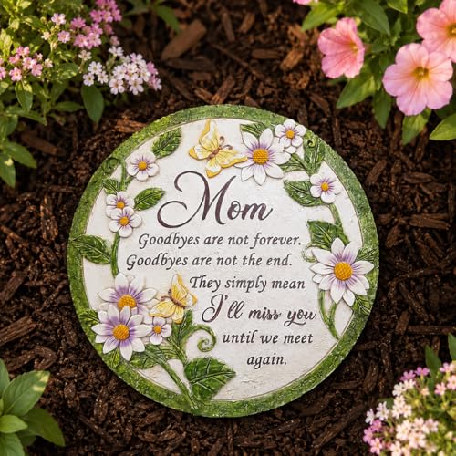 Mom Memorial Stone - Until We Meet Again, Garden Stepping Stones Memorial Gifts for Loss of Mom, Loss of Mother Sympathy Gifts, Memory of Mom Grave Decorations for Cemetery