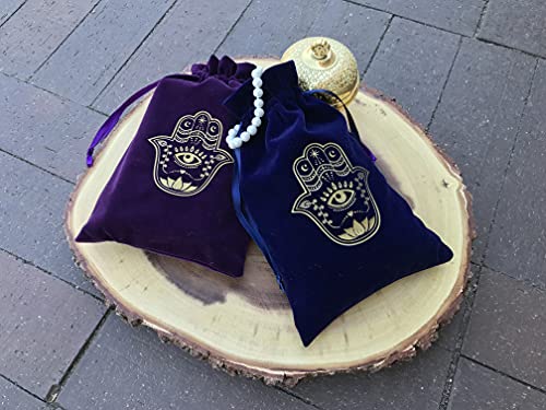 ARTSY CRAFTS 6x9" Hamsa Hand Velvet Jewelry Pouch Gift Bags, Fatima Hand Evil Eye Velvet Drawstring Oracle Tarot Card Rune bags Dice Bag (2pk Eggplant Purple) - color: 2pk Eggplant Purple