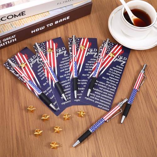 24Set Veterans Day Gifts Bulk 4th of July Patriotic American Flag Ballpoint Pens Veterans Day Pins Star Bookmarks, Independence USA Souvenirs Appreciation Gifts for Veteran Patriots Party Supplies