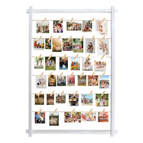 Collage Picture Frame,Photo Display Board with Clips,Hanging Pictures Frames Photos Wall Decor for Wedding Graduation Party Birthday Greeting Letter Christmas Cards Holder Organizer,39 inch(White) - color: Rustic White, size: Wall Mount(39.37")