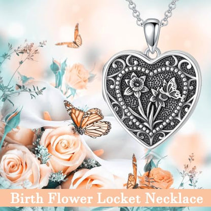 PELOVNY Birth Flower Locket Necklace for Women 925 Sterling Silver Flower Butterfly Heart Photo Locket Pendant Birthday Christmas Jewelry Gifts for Mom Daughter Wife Sister - color: 03-Daffodils