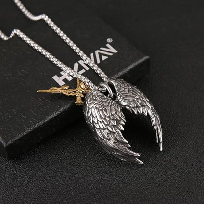 HZMAN Angel Wing Necklace for Men Women Stainless Steel Gothic Punk Angel Wing Cross/Angel Pendant Faith Amulet Jewelry Gift - color: Rose Cross
