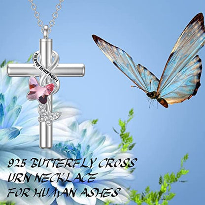 Cross Urn Necklace for Ashes 925 Sterling Silver Cremation Jewelry with Funnel Filler Kit Ashes Necklace for Human Women Girl Pets - color: A_Pink Butterfly Urn Necklace, style: Personalized