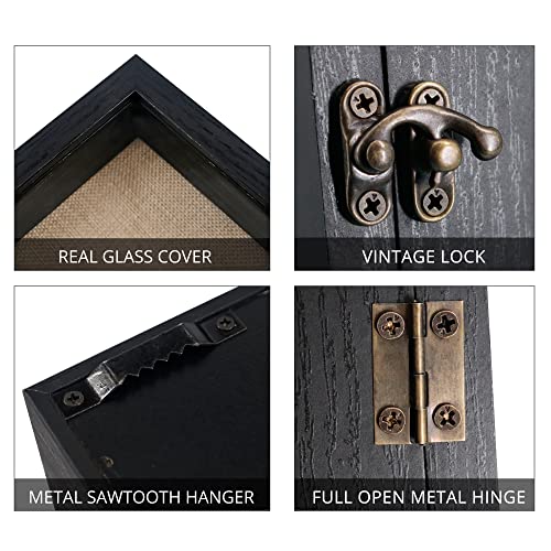 GraduatePro Shadow Box Frame 5x12.5 Display Case with Linen Back, Real Glass Window Door with Hinge, Picture Frame Wedding Bouquet Memorabilia Medals Photos Memory Box for Keepsakes, Rustic Black | Hinged Front Open Door with Tempered Glass, Linen Back wi