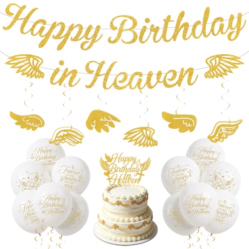 Happy Birthday in Heaven Decorations, Gold Glitter Heavensent Banner Set | Pre-strung Banners, Angel Wings Hanging Swirls Cake Topper White Balloons, Funeral Remembrance Heavenly Party Supplies - color: Gold