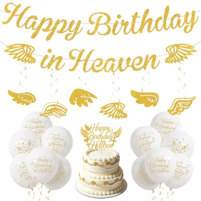 Happy Birthday in Heaven Decorations, Gold Glitter Heavensent Banner Set | Pre-strung Banners, Angel Wings Hanging Swirls Cake Topper White Balloons, Funeral Remembrance Heavenly Party Supplies - color: Gold