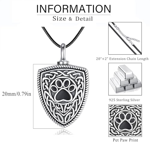 Dreamboat Pet Urn Necklace for Dog Cat Ashes 925 Sterling Silver Paw Print Cremation Keepsake Pendant Celtic Knot Memorial Jewelry Gifts for Women Men - style: 02B-Shield (Silver Personalized)